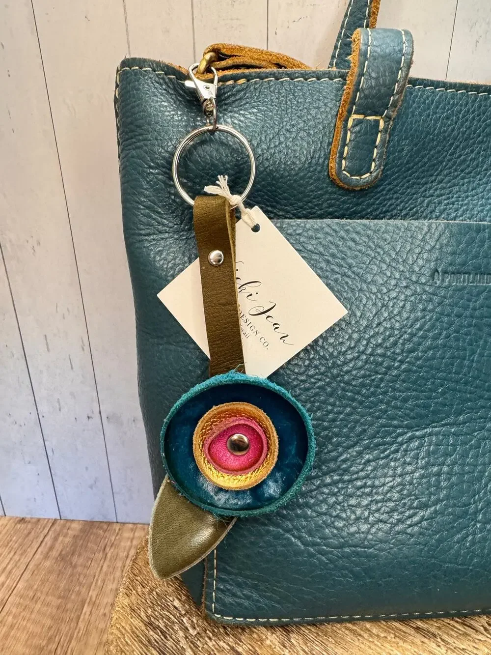 Genuine Leather Round Flower Purse Charm Blue Gold Bright Pink Boho Bag Charm